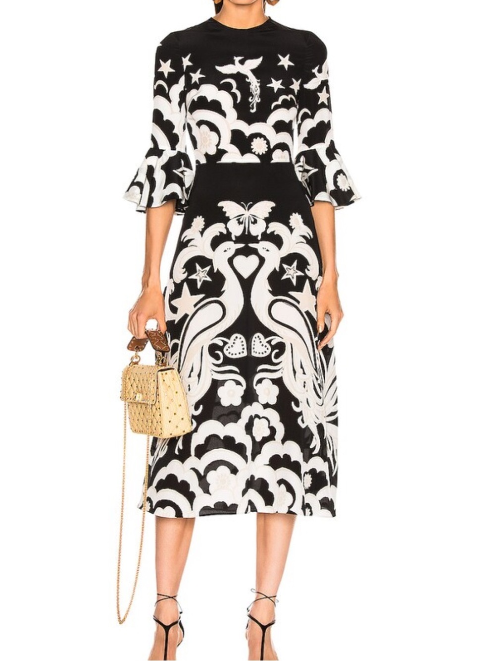 Valentino Garavani Black White Silk Baroque Swan Print Maxi Dress Flared Sleeves